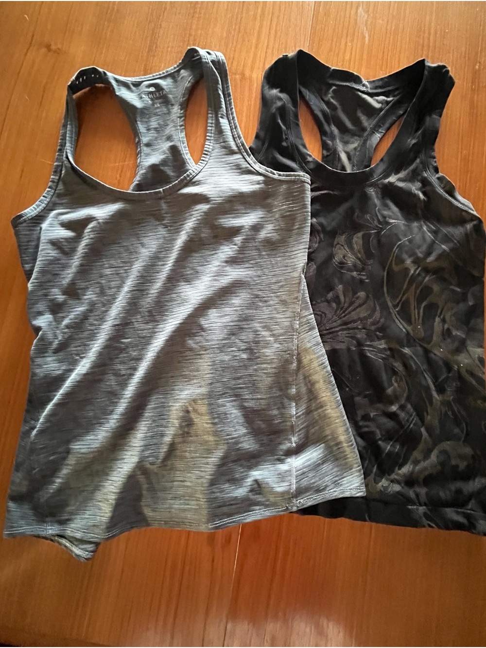 3 Athleta Women's Racerback Tanks , black paisley momentum, gray, navy stripe XS